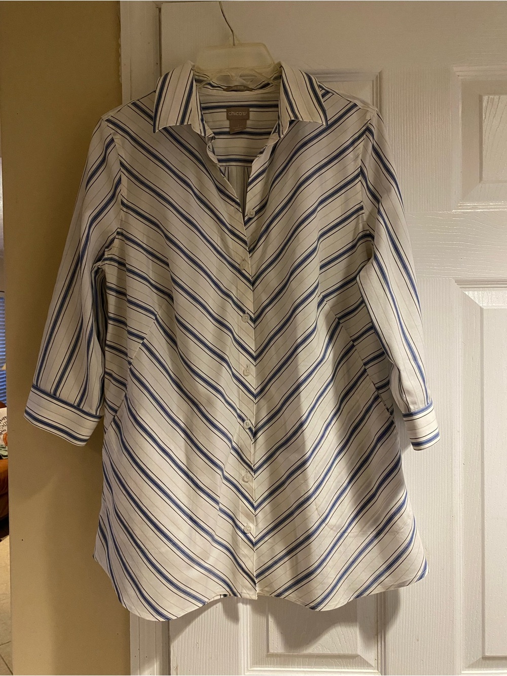 Chico's White and Blue Striped Button-Down Tunic